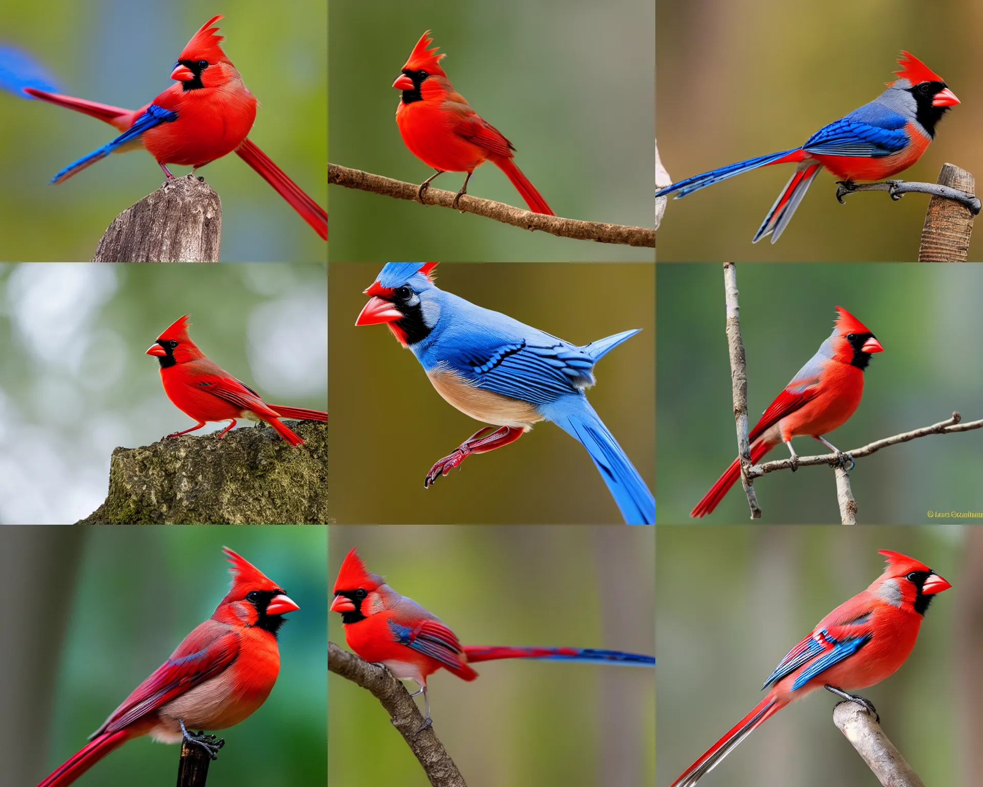 Prompt: nature photography of a cardinal crossed with a bluejay, national geographic, award winning, hd, hq,