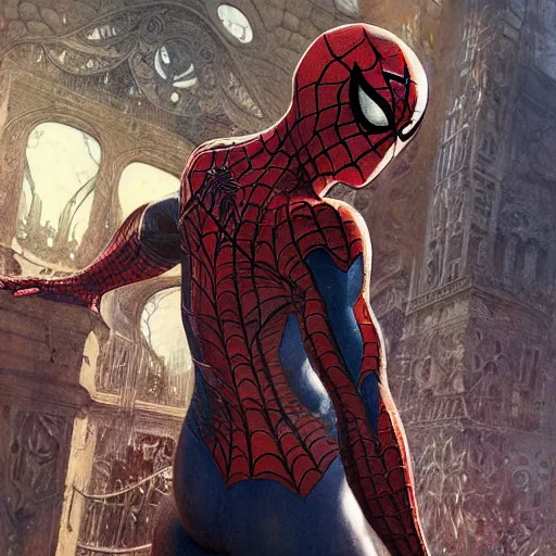 Image similar to spiderman, diffuse lighting, fantasy, intricate, elegant, highly detailed, lifelike, photorealistic, digital painting, artstation, illustration, concept art, smooth, sharp focus, art by john collier and albert aublet and krenz cushart and artem demura and alphonse mucha