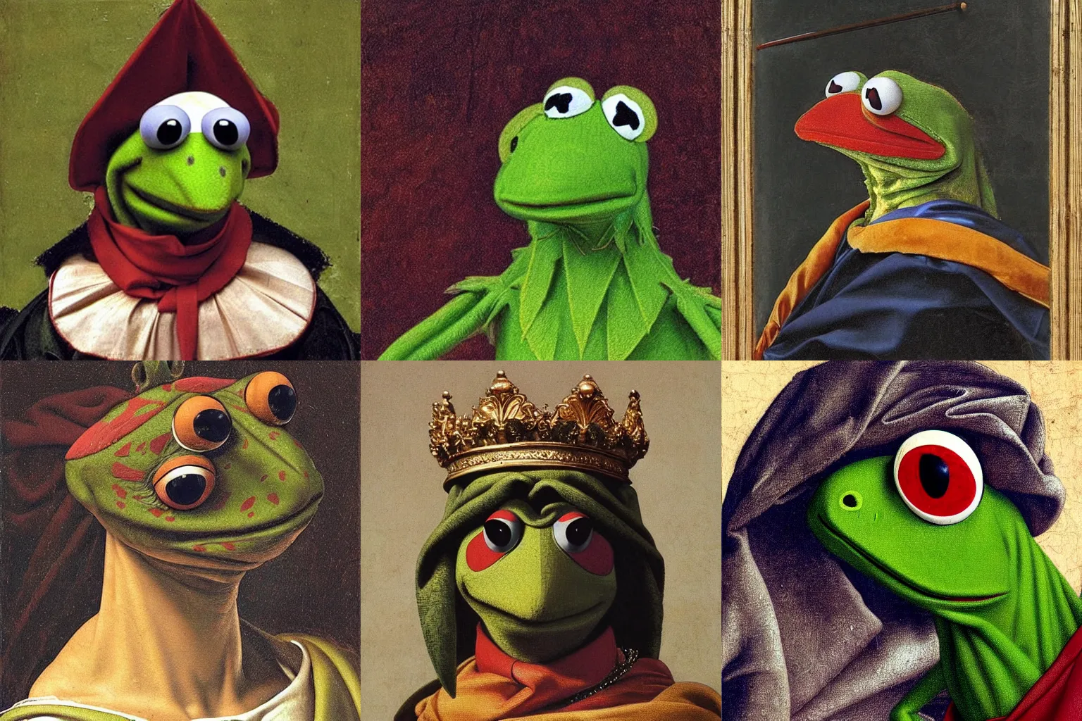 Image similar to A extremely highly detailed majestic hi-res beautiful, highly detailed head and shoulders painting of kermit the frog in royal medieval kingly robes by Michelangelo Merisi da Caravaggio,