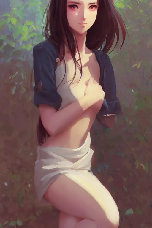 Image similar to a girl with a soft warming smile, full shot, fine - face, realistic shaded perfect body, fine details. night setting. very anime style. realistic shaded lighting poster by ilya kuvshinov katsuhiro, magali villeneuve, artgerm, jeremy lipkin and michael garmash, rob rey and kentaro miura style, trending on art station