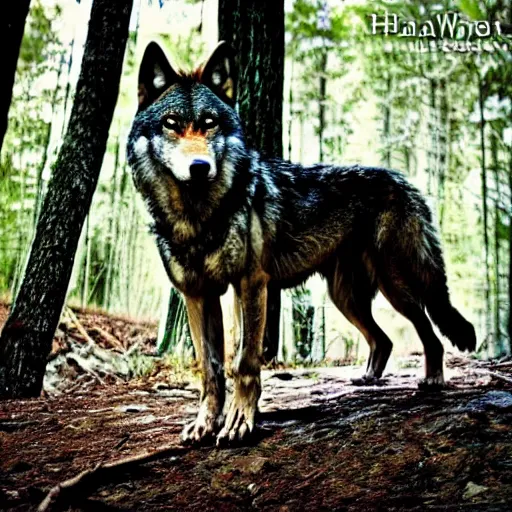 Image similar to human! wolf werecreature, photograph captured at woodland creek