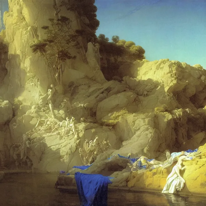 Prompt: gardens of marble draped in flowing sheets of cobalt blue gold silver satin, by ivan aivazovsky syd mead moebius roger dean donato giancola yoshitaka amano pieter claesz jan de heem paul delaroche alma tadema aelbert cuyp willem claesz beksinski caspar friedrich, hyperrealistic, volumetric light, render