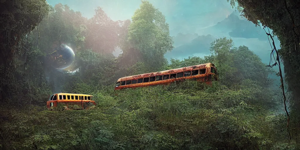 Image similar to a crashed, abandoned school bus overgrown with vines hanging partially over a cliff. Beneath the cliff is an alien lake. In the sky are two suns. Detailed digital matte painting in the style of simon stalenhag