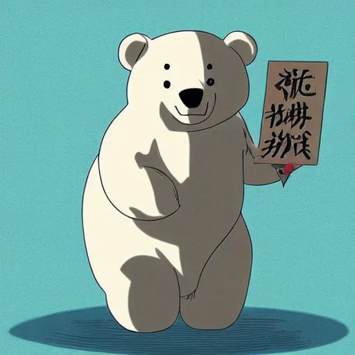 Image similar to cute anime polar bear holding a sign, studio ghibli, digital art, high quality, beautiful illustration, anime