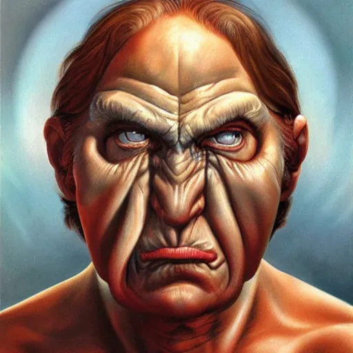Image similar to very closeup face, big eyes, angry old man, surrealism, painting by boris vallejo and michael whelan