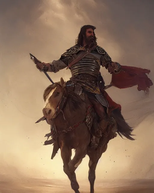 Prompt: portrait of a spanish conquistador in battle riding a horse, by daniel zrom and greg rutkowski, facial features, handsome