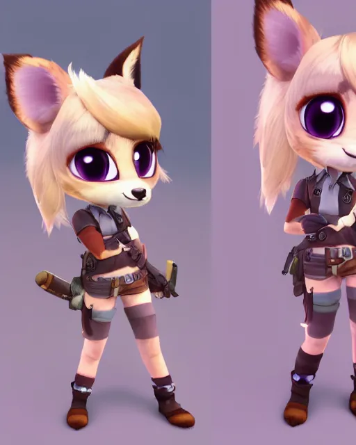 Image similar to female furry mini cute style, highly detailed, rendered, ray - tracing, cgi animated, 3 d demo reel avatar, style of maple story and zootopia, maple story gun girl, fox from league of legends chibi, soft shade, soft lighting