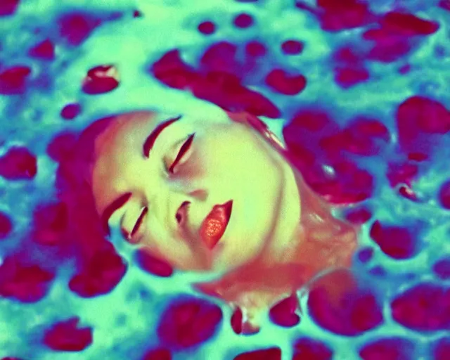 Prompt: oversaturated, burned, light leak, expired film, photo of a woman's serene face submerged in a flowery milkbath, rippling liquid, vintage glow, vhs tape fuzz