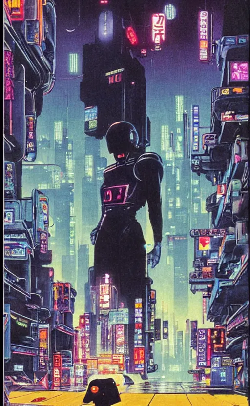 Prompt: 1979 OMNI Magazine Cover of an android raven in street level neo-Tokyo in cyberpunk 2020 style by Vincent Di Fate