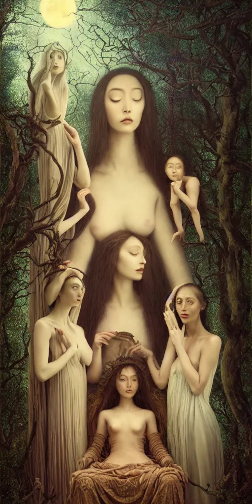 Image similar to the three fates, forest, moonlight, gemma chen, madison beer, angela sarafyan, pinup, intricate beautiful faces, surrealistic painting by agostino arrivabene, vanessa beecroft, anka zhuravleva, mary jane ansell, peter mohbacher, gerald brom