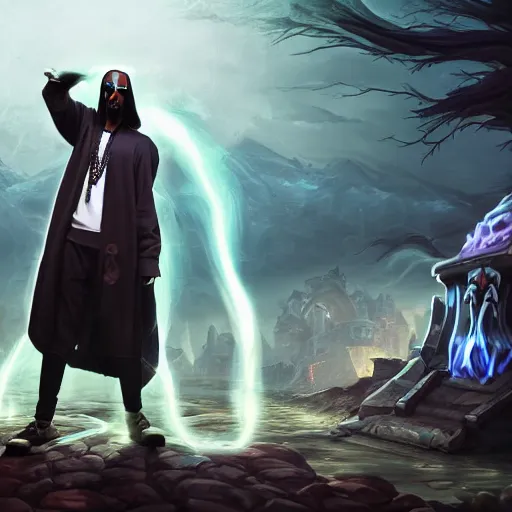 Image similar to portrait of snoop dogg as the grim reaper, league of legends amazing splashscreen artwork, splash art, natural light, elegant, photorealistic facial features, intricate, fantasy, detailed face, atmospheric lighting, anamorphic lens flare, cinematic lighting, league of legends splash art, hd wallpaper, ultra high details by greg rutkowski