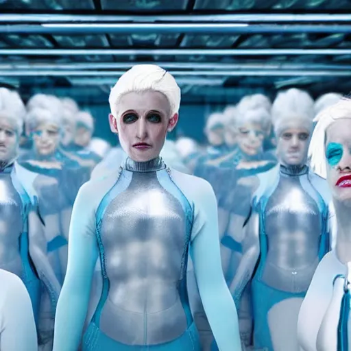 Image similar to troop of freak show women with white hair, white hair, tight light blue neopren suits, futuristic production facility, sci - fi, highly detailed, cinematic