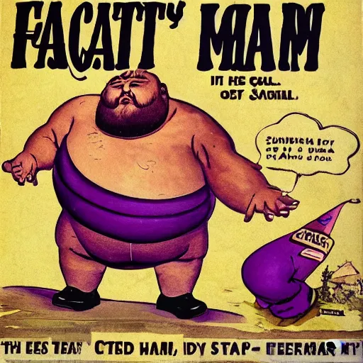 Prompt: fat man we respect you a lot fat man, snake oil CMO purple green color scheme