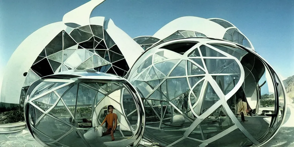 Image similar to futuristic pod dwelling by buckminster fuller and syd mead, contemporary architecture, photo journalism, photography, cinematic, national geographic photoshoot