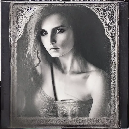 Image similar to old full frame duotone wetplate daguerreotype portrait of a beautiful woman, 3 0 years old, fractal, intricate, elegant, highly detailed, parallax, leica, subsurface scattering, by luis royo and greg rutkowski