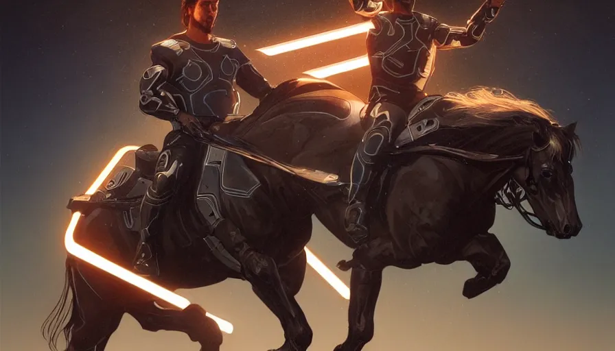 Image similar to tron legacy jesus riding cyborg horse, face, diffuse lighting, hyper realistic, concept art, intricate, hyper detailed, smooth, sharp focus, illustration, trending on artstation, art by greg rutkowski and james gurney and alphonse mucha