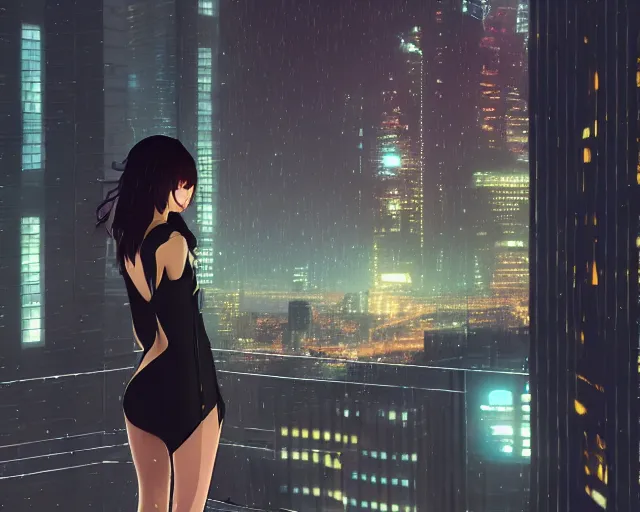 Image similar to back of young woman wearing a stylish black minidress looking through a penthouse window at a panoramic view of a cyberpunk city at night, dark sky, bokeh lights, anime, ilya kuvshinov, guweiz, artstation trending, concept art, digital painting, cinematic, extreme detail, expansive