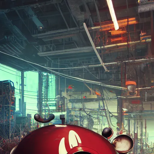 Image similar to a giant mickey mouse head, factory floor, surrounded by factory workers, octane render, cgstation, 3 d render, very detailed, mindblowing, blood and guts, gritty, cyberpunk, cinematic lighting, hyper realism