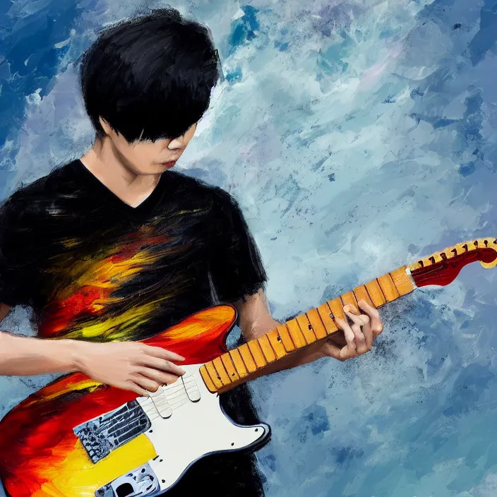 Image similar to abstract large swirly brush strokes painting of a young korean man wearing black v neck t shirt holding a telecaster!!! electric guitar!!, candid!! dark background, huge thick flowing dramatic brush strokes, matte colors, abstract, emotional masterpiece, impressionist, motion, trending on artstation