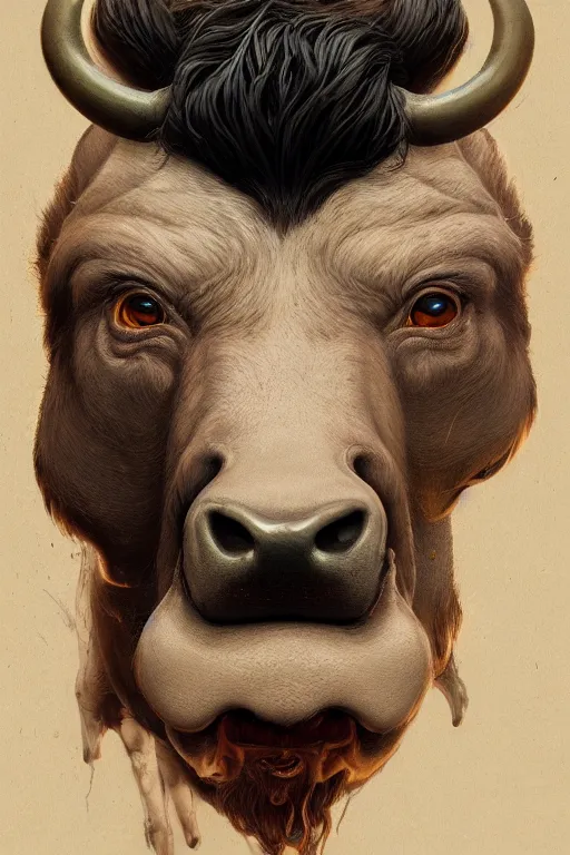 Image similar to a portrait of bull illustrated by miyazaki by karol bak, james jean, tom bagshaw, rococo, sharp focus, trending on artstation, cinematic lighting, hyper realism, octane render, 8 k, hyper detailed, vivid, ultra detailed, highly detailed