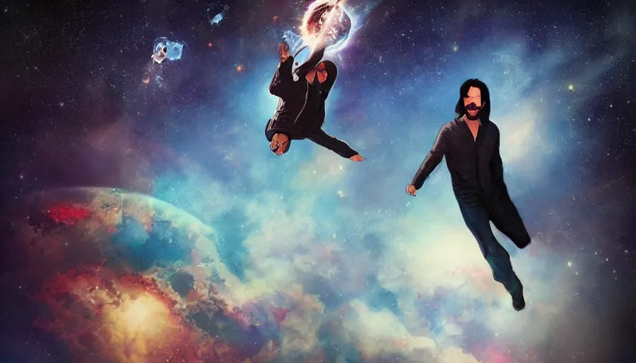 Prompt: a singular Keanu reeves floating in space with a big smile, digital art, artstation, artgem