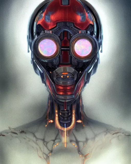 Image similar to portrait of an opal ultron from age of ultron, clockwork steampunk, dieselpunk, head and chest only, by beksinski, 4 k, deviantart, 3 d unreal engine, trending on artstation