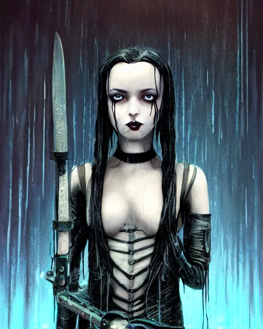 Prompt: An epic fantasy comic book style portrait painting of a very beautiful imposing Industrial goth Wednesday Addams in the rain, wet hair, neon reflections, character design by Mark Ryden and Pixar and Hayao Miyazaki, unreal 5, DAZ, hyperrealistic, octane render, cosplay, RPG portrait, dynamic lighting, intricate detail, cinematic