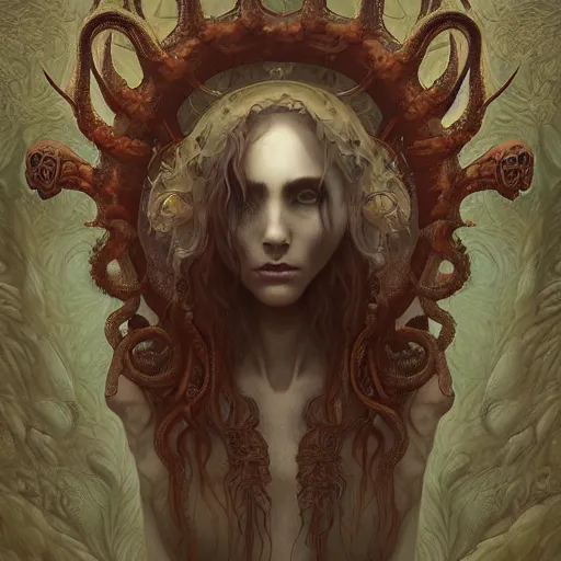 Image similar to curiosities from cthulhu, soft paint of a single curvy beautiful necromancer of madness and insanity in full mage armor, symmetry accurate features, eyeballs, vegetation tentacles, dense volumetric fog, focus, very intricate ultrafine details, gloomy colors, award winning masterpiece, tom bagshaw artstyle