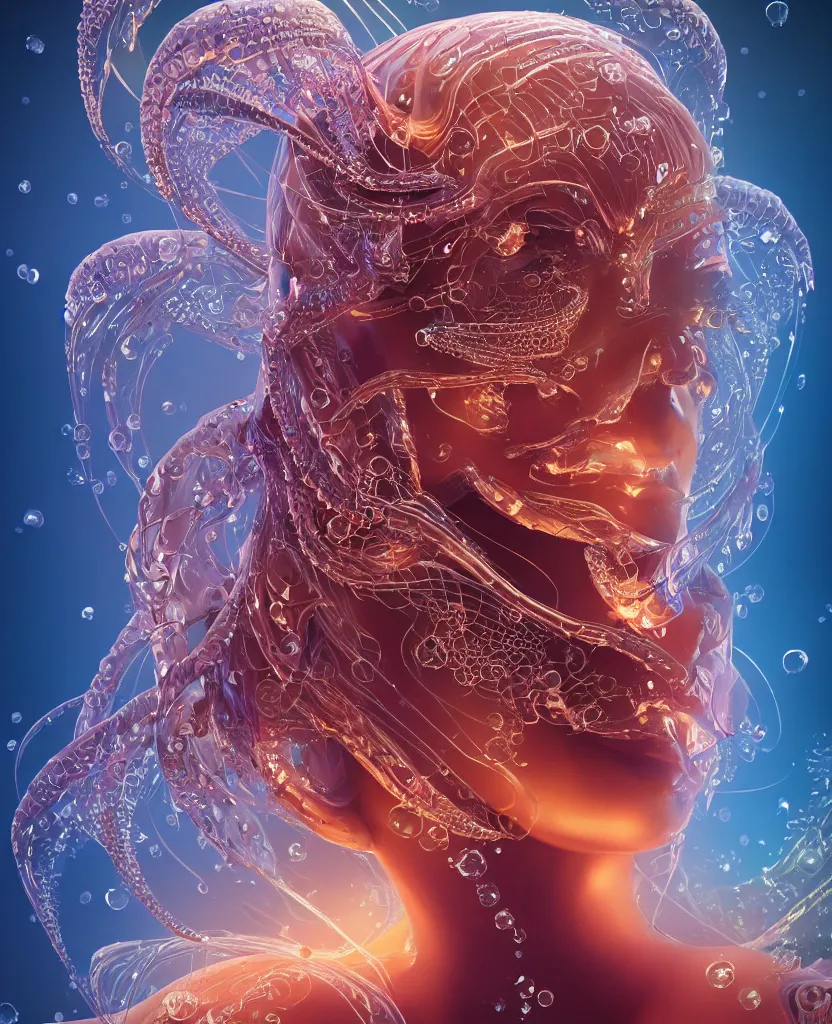 Image similar to close-up macro portrait of the face of a beautiful princess, epic angle and pose, symmetrical artwork, 3d with depth of field, blurred background, cybernetic jellyfish female face skull phoenix bird, translucent, nautilus, energy flows of water and fire. a highly detailed epic cinematic concept art CG render. made in Maya, Blender and Photoshop, octane render, excellent composition, cinematic dystopian brutalist atmosphere, dynamic dramatic cinematic lighting, aesthetic, very inspirational, arthouse. y Greg Rutkowski, Ilya Kuvshinov, WLOP, Stanley Artgerm Lau, Ruan Jia and Fenghua Zhong