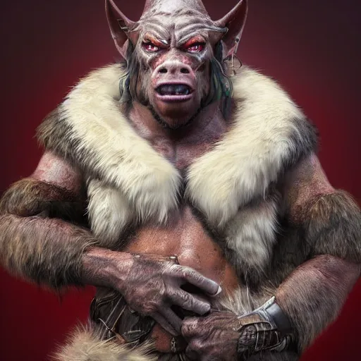 Prompt: A full body shot of a handsome orc looking into the camera wearing a fur jacket and boots, full body shot, artstation, realistic, highly detailed, symmetrical, hyper realism, high detail, octane render, unreal engine, 8k, fantasy art, intricate, highly detailed, concept art, art by artgerm