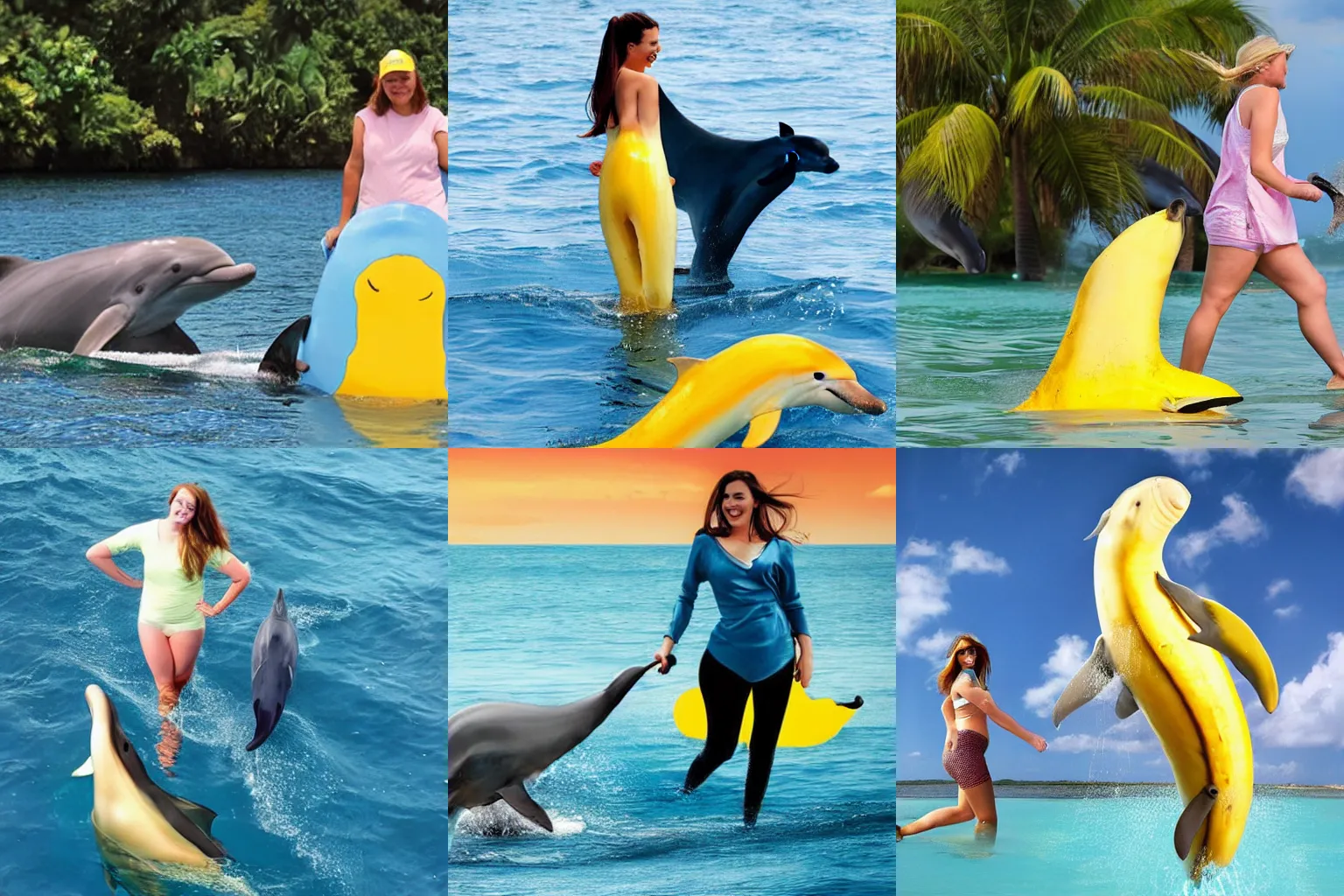 Prompt: an oversized banana walking her pet dolphin