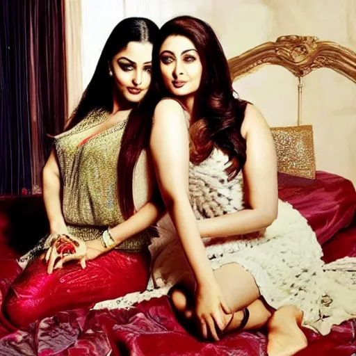 Image similar to a photo of aishwarya rai and kareena kapoor together in bed, hyper realistic, hyper detailed