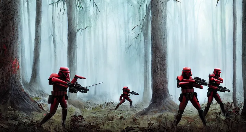 Image similar to imperial stormtroopers shooting red blaster bolts in barren lifeless forest with burned trees concept art by Doug Chiang cinematic, realistic painting, high definition,very detailed, extremely high detail, photo realistic, concept art, red color palette, the Mandalorian concept art style