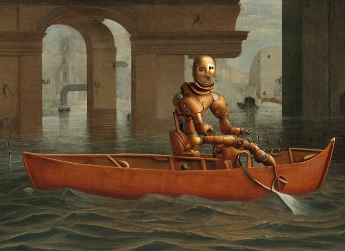 Prompt: a portrait of a robot sitting in a small boat in a renaissance room flooded with water,