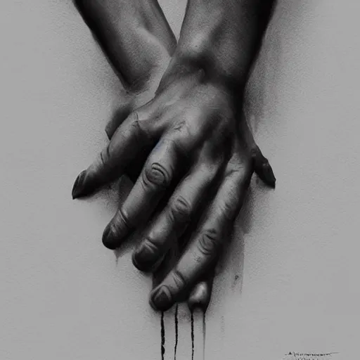 Prompt: Shaking hands, vertical symmetry, close up shot, detailed hands, beautiful moody artwork by Greg Rutkowski and Asher Duran