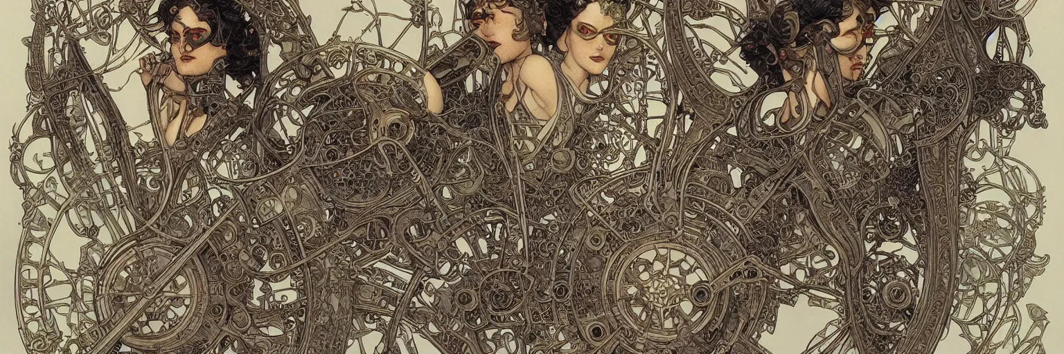 Image similar to art nouveau dieselpunk frames and designs only, no central figure, by travis charest, moebius and mucha, intricate, ornate, circuitry, gears, painted, extremely hyperdetailed, art deco, masterpiece, sharp focus, realistic technical details