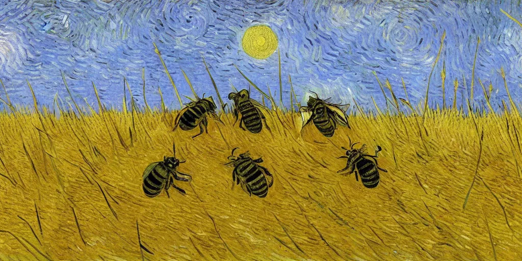 Prompt: a fat bee in grass, by vincent van gogh