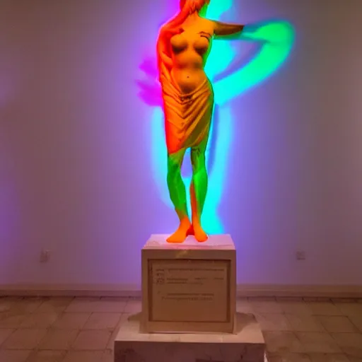 Prompt: Greek marble statue of a beautiful goddess covered in neon paint at a museum.