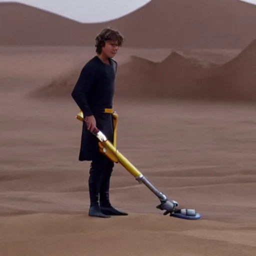 Prompt: anakin skywalker vacuuming the sand in tatooine