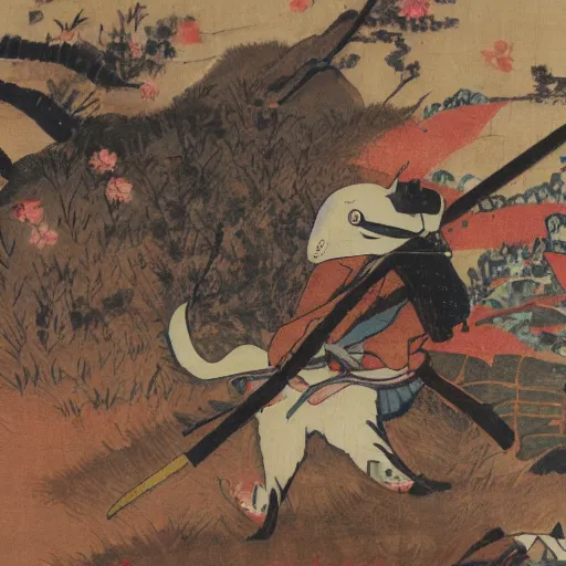 Image similar to samurai fox with a katana. sakura forest in the background. old japanese painting. fresco