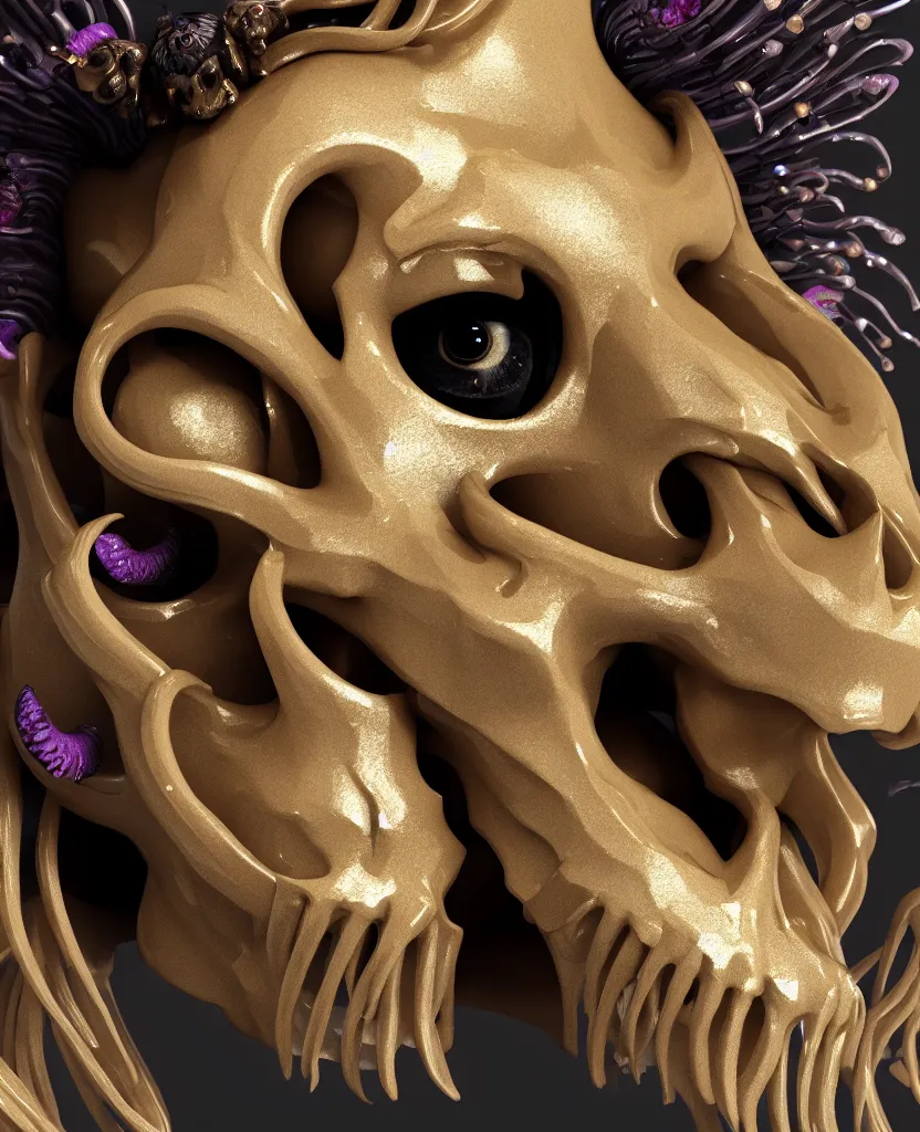 Image similar to goddess princess face close-up portrait ram skull. sculpture made of black clay and gold. jellyfish phoenix head, nautilus, orchid, skull, betta fish, bioluminiscent creatures, intricate artwork by Tooth Wu and wlop and beeple. octane render, trending on artstation, greg rutkowski very coherent symmetrical artwork. cinematic, hyper realism, high detail, octane render, 8k