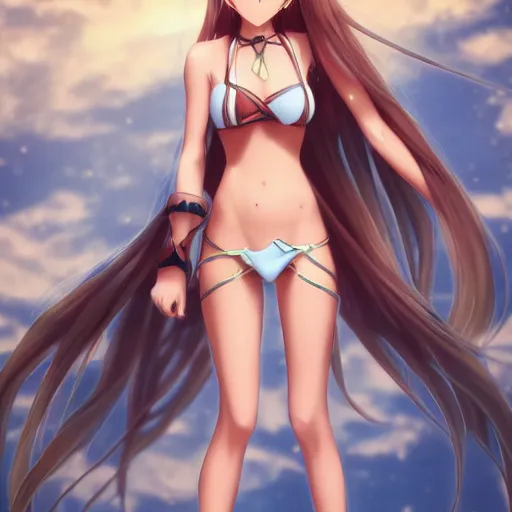 Image similar to a very beautiful young yuuki asuna, full body, long wavy blond hair, sky blue eyes, full round face,, bikini, miniskirt, front view, mid - shot, highly detailed, cinematic wallpaper by stanley artgerm lau