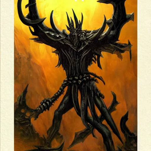 Image similar to magic the gathering card art depicting a demon made of bone and metal and sinew, long head, hi - res scan, gestural, eeire