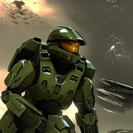 Image similar to Historical photo of the Master Chief from Halo fighting in WWII, cinematic, highly detailed