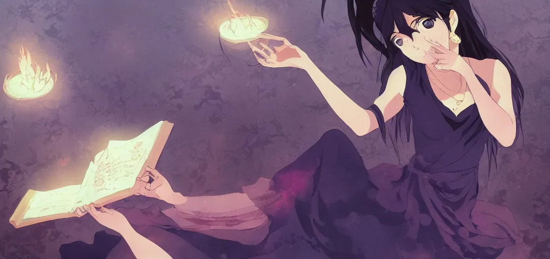 Prompt: Full body portrait of a Himalayan woman in a sleeveless dress, a book floating as she casts a ritual spell, dark colors, ominous, somber, detailed, artstation, by Kyoto Animation and Studio trigger, by Makoto Shinkai and Ilya Kuvshinov