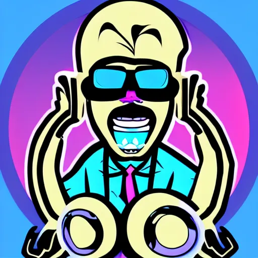 Image similar to svg vector sticker of absolutely insane-mad-scientist-villain, rocking out, wearing headphones, huge speakers, dancing, rave, DJ, spinning records, digital art, amazing composition, rule-of-thirds, award-winning, trending on artstation, featured on deviantart