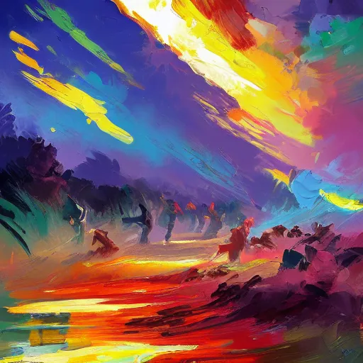 Prompt: acrylic palette knife, impressionism and expressionism, strong emotional impact, bold colors, expressive brushstrokes, overall sense of movement in the composition. a warp drive hitting infinite density, by andreas rocha, trending on artstation