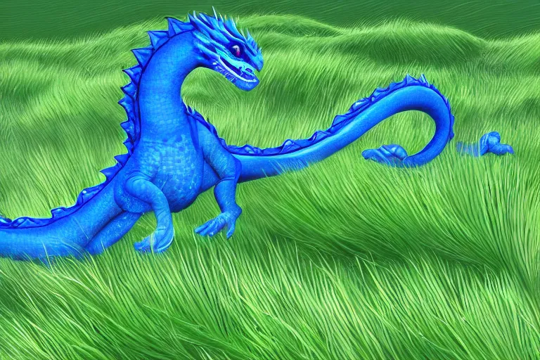 Image similar to a round blue dragon rolling down a green hill, digital art