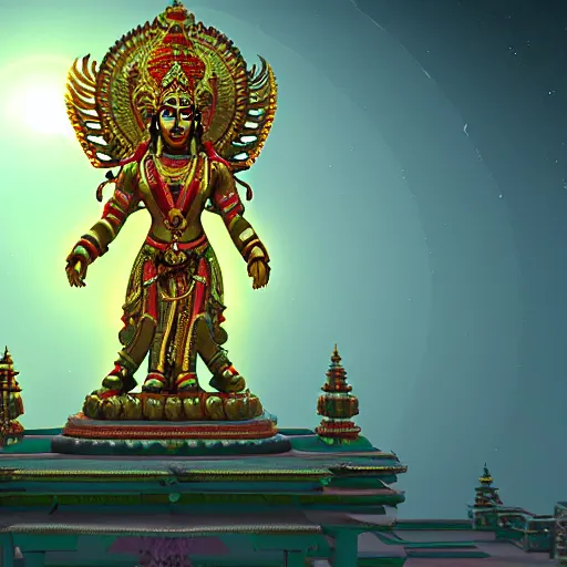 Image similar to vishnu descending from an ufo over a temple in india during the night, cinematic, unreal engine 5