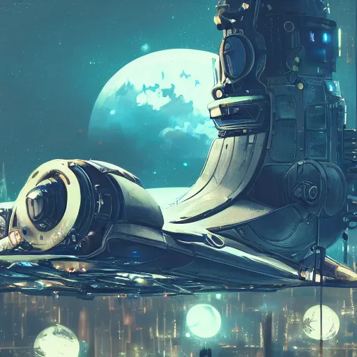 Image similar to steampunk futuristic spaceship, space, stars, moon, extremely detailed, particles, steam, cinematic lighting, anime, studio ghibli, cyberpunk, retro, reflective,